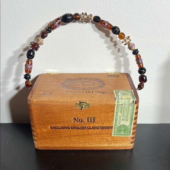 Handmade Handbags - Vintage wooden cigar box purse lined with glass beaded handle and charm